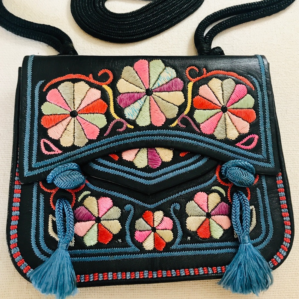 Hand Crafted Black Leather Embroidered Bag